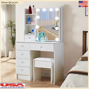 Vanity Set Makeup Table W/LED Sliding Mirror Dresser Desk 6 Drawers&Crystal Pull - Picture 1 of 9