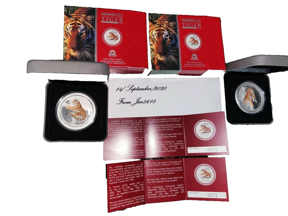 AUSTRALIA YEAR TIGER 2 COINS 2 oz ANDA PERTH MINT ZODIAC LUNAR SERIES II CHINA** - Image 1 of 4