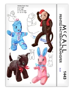 Stuffed Animal Rabbit Cat Doll Sock Monkey Sewing Pattern Bunny Toy McCall 1443 - Picture 1 of 1