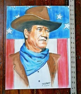 John Wayne Portrait Original Drawing Artwork Signed Movie Star American Flag - Picture 1 of 4