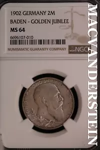 Germany: Baden Golden Jubilee 1902 Two Marks - NGC MS 64 - Brilliant Unc #SLA193 - Picture 1 of 2