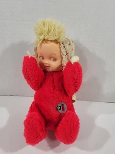 Vintage rot Eden zum Aufziehen Gummi Gesicht Plüsch beweglicher Kopf Puppe spielt Musik funktioniert - Bild 1 von 10
