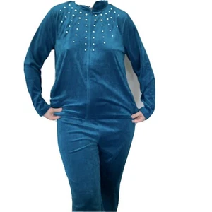 Rebecca Malone Tracksuit Pants Set Velvet Velour Teal Vintage Full Zip Sz Large - Picture 1 of 11