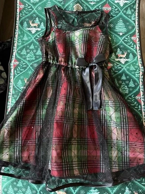 Bonnie Jean Girls SZ 6 Black Sequin Mesh Red/Green Plaid Dress Satin Ribbon Bow - Image 1 of 4
