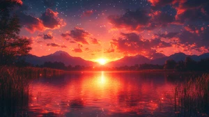 Canvas Art Sunset With Orange And Pink Hues Over Lake Wall Picture Poster Print - Picture 1 of 22