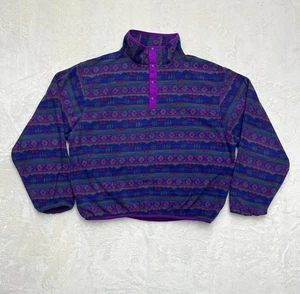 Vintage 1980s LL Bean Sweater Pullover Mens Large Aztec Purple Fleece Snap Neck - Picture 1 of 15