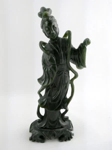 Chinese Carved Spinach Green Nephrite Jade Immortal Goddess Statuette Figurine - Picture 1 of 24