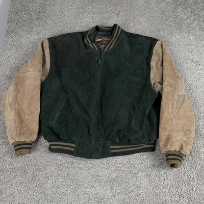 Chaqueta G-III Global Identity Para Hombre XL Verde Marrón Cuero Bombardero Abrigo Bloques de Color Foto 1 de 4