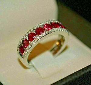2.20 Ct Round Red Ruby & Moissanite Ring 14K White Gold Over - Picture 1 of 7