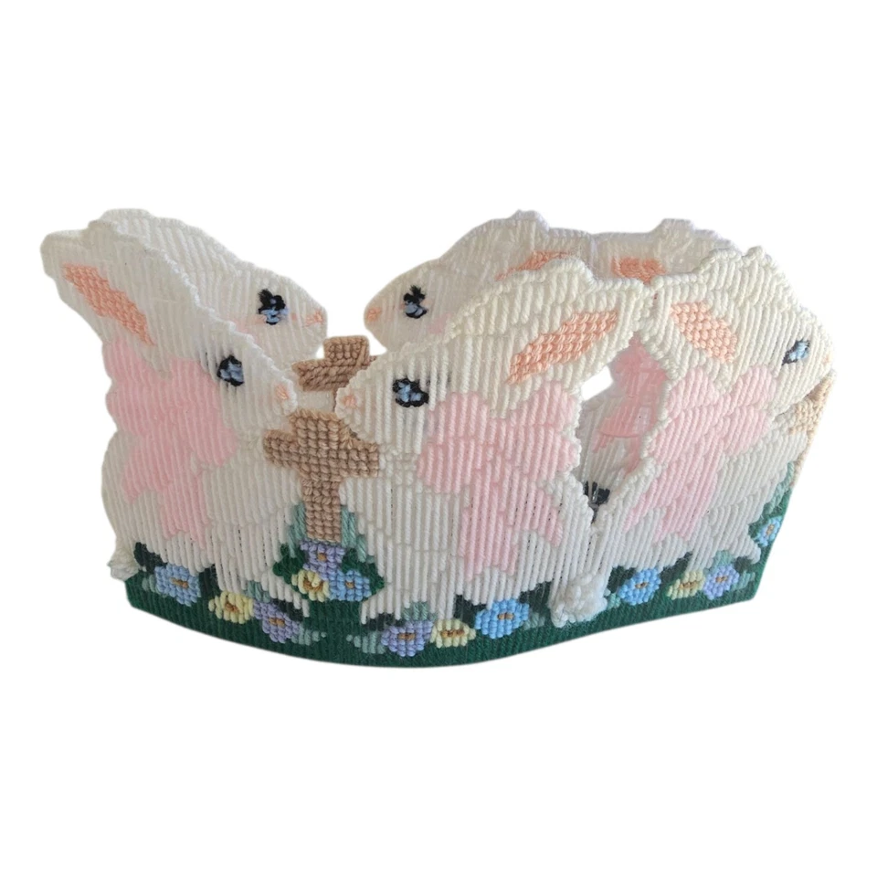 Vintage Plastic Canvas Bunny Easter Plant Pot Cover Handmade Spring Decor - Image 1 of 4