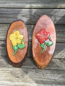 Vintage Rohholz Hibiskus Wandtafeln Schellack Handarbeit - Bild 1 von 6
