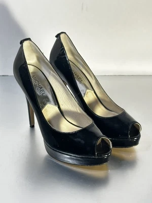Michael Kors Black Leather High Heel Pumps Sz 6 Peep Toe Platform 4.5” Stiletto - Image 1 of 4