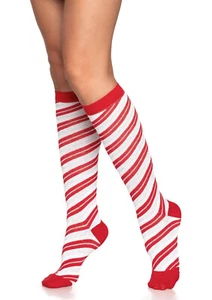 Socks Women's Red White Silver Lurex Christmas Elf Candy Cane Striped Knee Highs - Picture 1 of 2