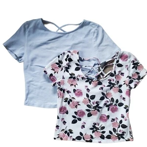 Charlotte Russe Womens Top Small Light Blue Floral Crop Lace Up Set Of 2 - Picture 1 of 12