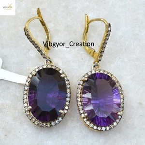 Amethyst Gemstone Pave Diamond Earrings 925 Silver Yellow Plated Birthday Gift - Bild 1 von 5