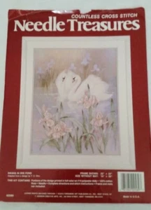 Needle Treasures Cross Stitch Kit Swans in Iris Pond 16”x20” USA Made Started - Picture 1 of 5