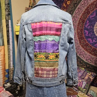 Denim Jean Jacket With Boho Vintage Indian Trim Ribbons Upcycled/Recycled Medium - Image 1 of 4