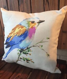 COLORFUL BIRD ON TREE BRANCH Indoor Outdoor Toss Throw Pillow Blue Beige Gold