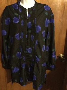 Larry Leven Long Sleeve Long Waist Peplum Blouse~Blue Floral~Small - Picture 1 of 11