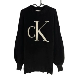CALVIN KLEIN Women Black Logo Crew Neck Oversized Sweater Jumper Size S - Picture 1 of 10