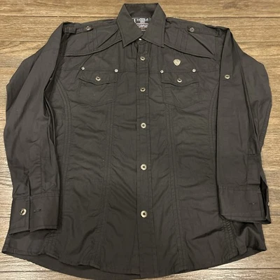 Camisa feminina preta ocidental Uzzolo casual ajustada botões prata dois bolsos - Imagem 1 de 4