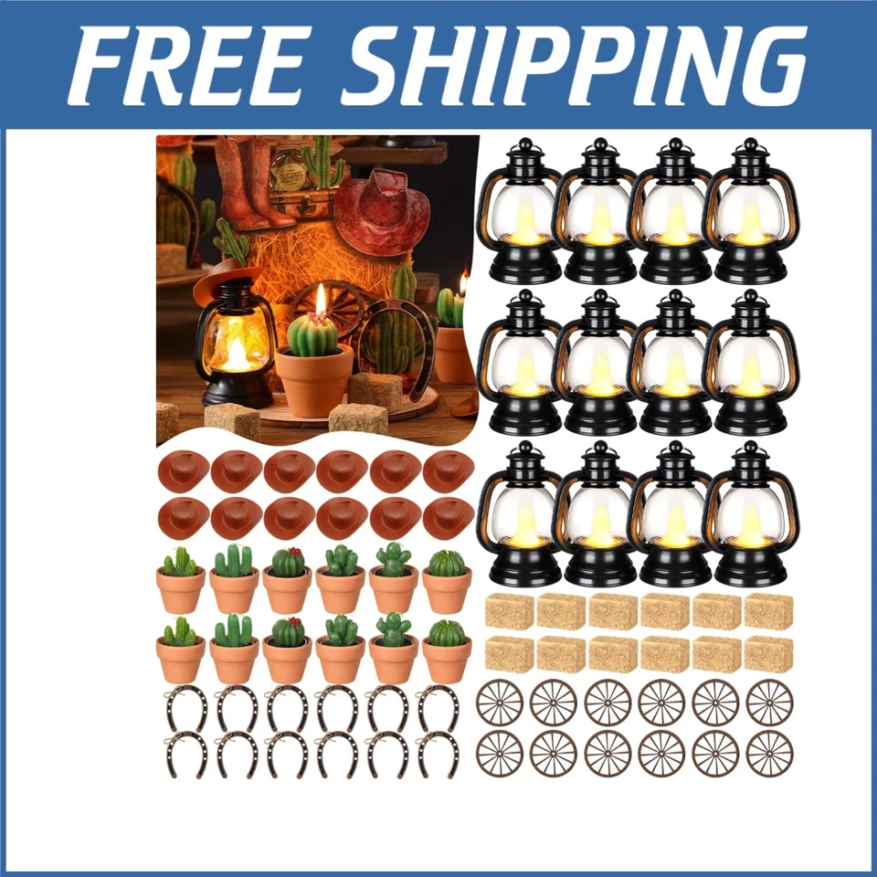 128 Pcs Rustic Cowboy Party Decor Set - Lanterns, Horseshoes & Cactus Tealights - Image 1 of 4