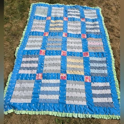 Edredón vintage hecho a mano retazos azul/verde Foto 1 de 4