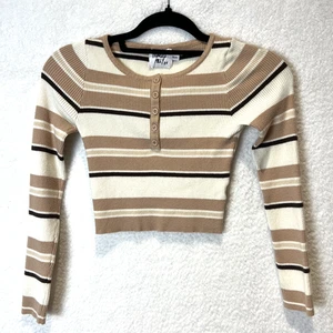 Princess Polly Juniors Crop Top Ribbed Long Sleeve Striped Academia Prep Neutral - Picture 1 of 14