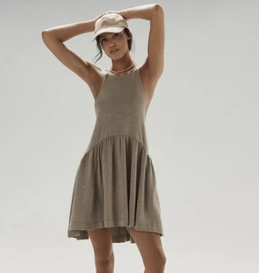 Daily Practice Anthropologie Sleeveless Flounce Drop-Waist Mini Dress Tan - Picture 1 of 8