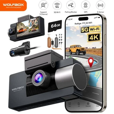 WOLFBOX i17 4K 3 Channel Dash Cam Front and Rear Inside With WiFi, Hardwire kit - Image 1 of 4