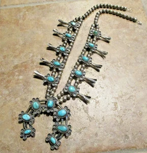 24" GEM !!  Vintage Navajo Sterling ROYSTON TURQUOISE Squash Blossom Necklace - Picture 1 of 14