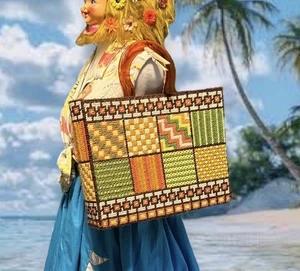 VINTAGE 1960s CANVAS GRANNY MOD PATCHWORK SQUARE PURSE TOTE BAG HANDBAG HIPPIE - Picture 1 of 12
