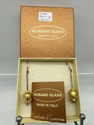 Authentic Murano Glass Earrings With Certificate- Cube- Gold- M2 - Image 1 of 4