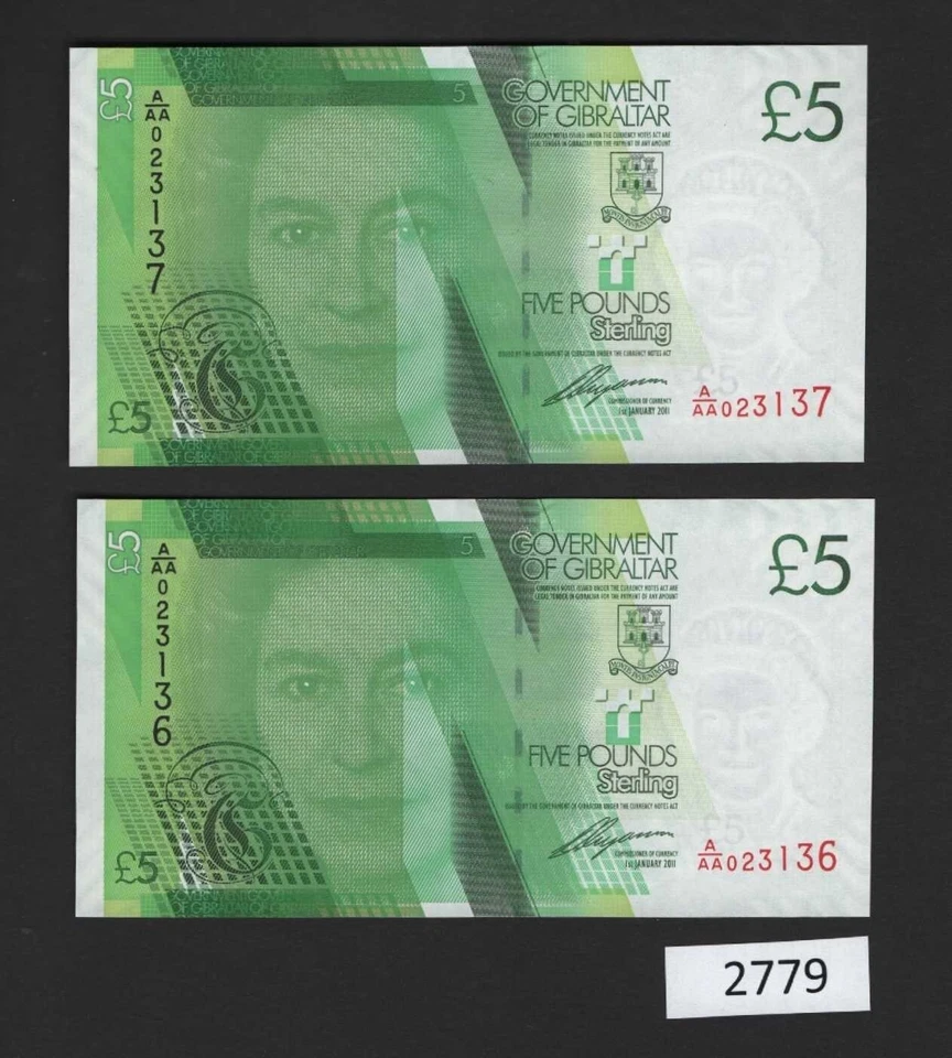 (BN-2779) Gibraltar P-35 UNC,  £5 of 2010, A Consecutive Pair, Block A/AA - Image 1 of 1