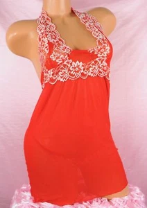Christmas Red Sissy White Lacy Sheer Halter Nightie & Thong Panties Set sz M L - Picture 1 of 4