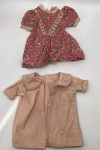 Antique Pink Doll Clothes Printed Dress, Floral Pattern Coat Hand Made 2 Pieces - Picture 1 of 15
