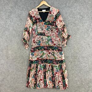 Kamare Silk Dress Womens 10 Multicolour Floral 3/4 Sleeve Lined Midi V-Neck 6804