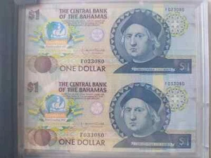 BAHAMAS 1 DOLLARO P50 1992 COPPIA CARTELLA COMMEMORATIVA NON TAGLIATA - UNC COLUMBUS - Foto 1 di 6