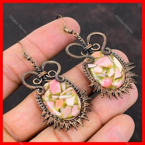 Oval Copper Pink Opal Stone Copper Hook Dangling Wire Wrapped Earrings Jewelry - Picture 1 of 6