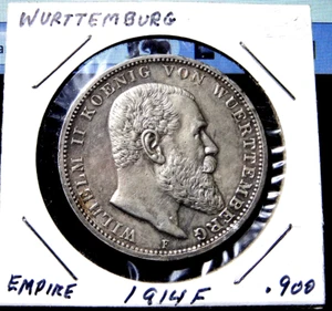 1914 F Germany 3 Mark Wurttemberg .900 Silver German coin - Picture 1 of 5