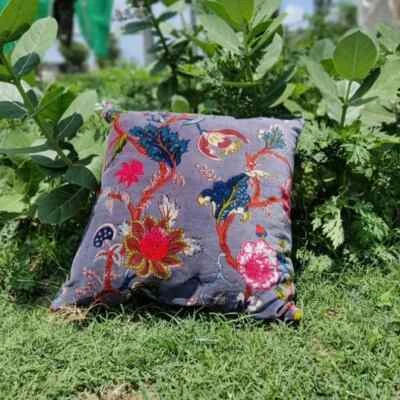 Gray Floral PRINT INDIAN VELVET PILLOW CUSHION Throw Cover Ethnic Sofa Pillow - Image 1 of 3