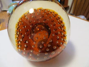 Vintage Quality Art Glass Paperweight Controlled Bubbles Amber Center Inner Dome - Picture 1 of 5