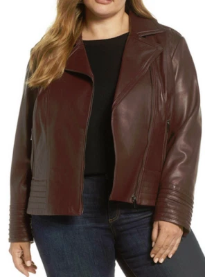 Chaqueta de motociclista Badgley Mischka Gia de cuero borgoña nueva con etiquetas $525 Foto 1 de 4