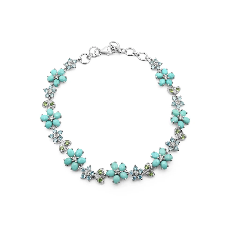 Natural Turquoise Gemstone Peridot Blue Topaz 925 Silver Floral Bracelet Jewelry - Image 1 of 2