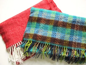 Cashmere Scarf Lot Blue Green Brown Plaid & Solid Chambray Red Fringed - Picture 1 of 7
