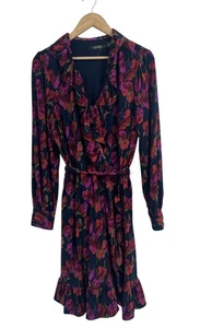 Ralph Lauren Purple Floral Ruffle Long Sleeve Wrap Dress Size 12 - Picture 1 of 4