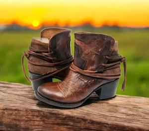 Freebird By Steven Casey Cognac Brown Leather Lace Ankle Boots Women's Size 6 - Picture 1 of 23
