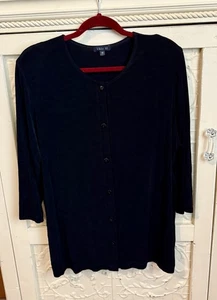 Vikki Vi Women’s Black Slinky Button Up Jacket 3/4 Sleeve Size 1X Shoulder Pads - Picture 1 of 11