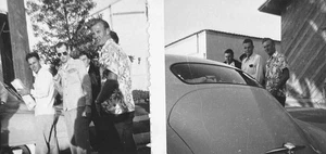 Konvolut 2 Vintage 50er Jahre Foto coole junge Männer Rockabilly stehend am Oldtimer - Bild 1 von 4