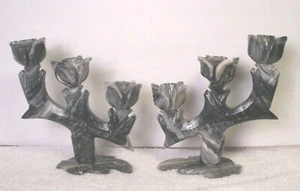 Vintage Paar Alabaster Marmor Stein handgeschnitzt Tulpenfuß Kegel Kerzenständer 8 Zoll - Bild 1 von 12